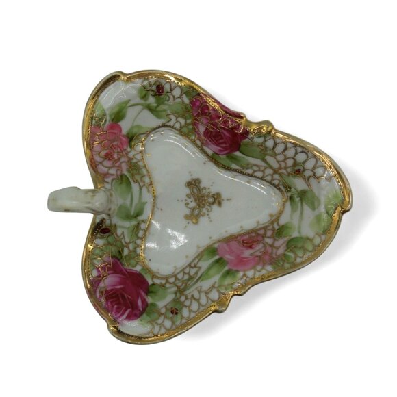 NIPPON Heart Shaped Dish Porcelain Trinket with Rose & Gold Moriage, Vintage - Picture 3 of 12